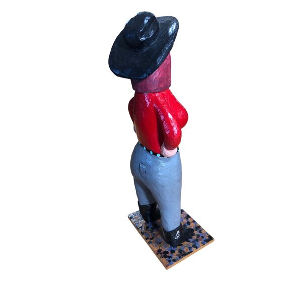 Folk Art Hand Carved Wooden Cowgirl Woman Figurine Western Black Hat Handmade - Picture 5 of 14